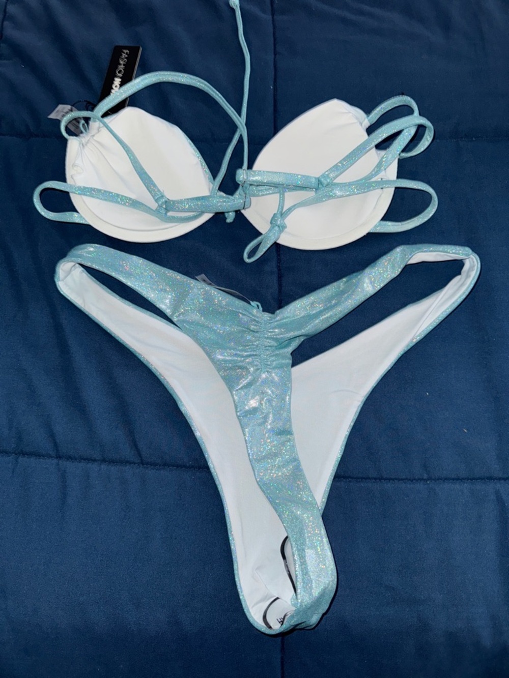 NWT Fashion Nova Holographic Light Blue Push-Up Bikini Thong Set - Picture 4 of 5